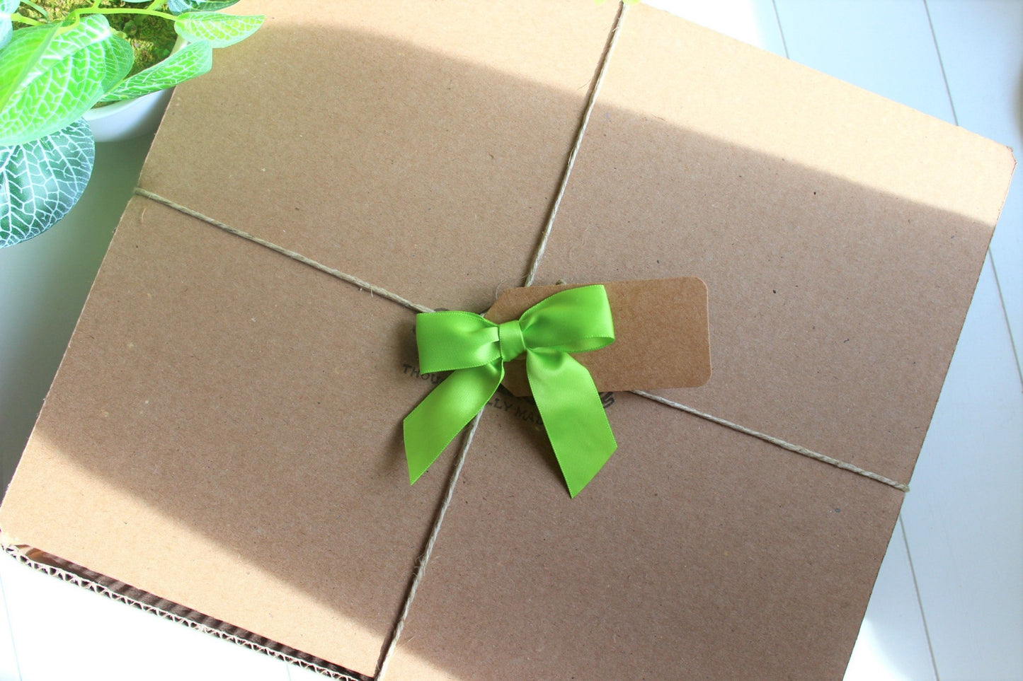 A recyclable gift box is wrapped with twine and a light green bow. Better For You Bars gift box.