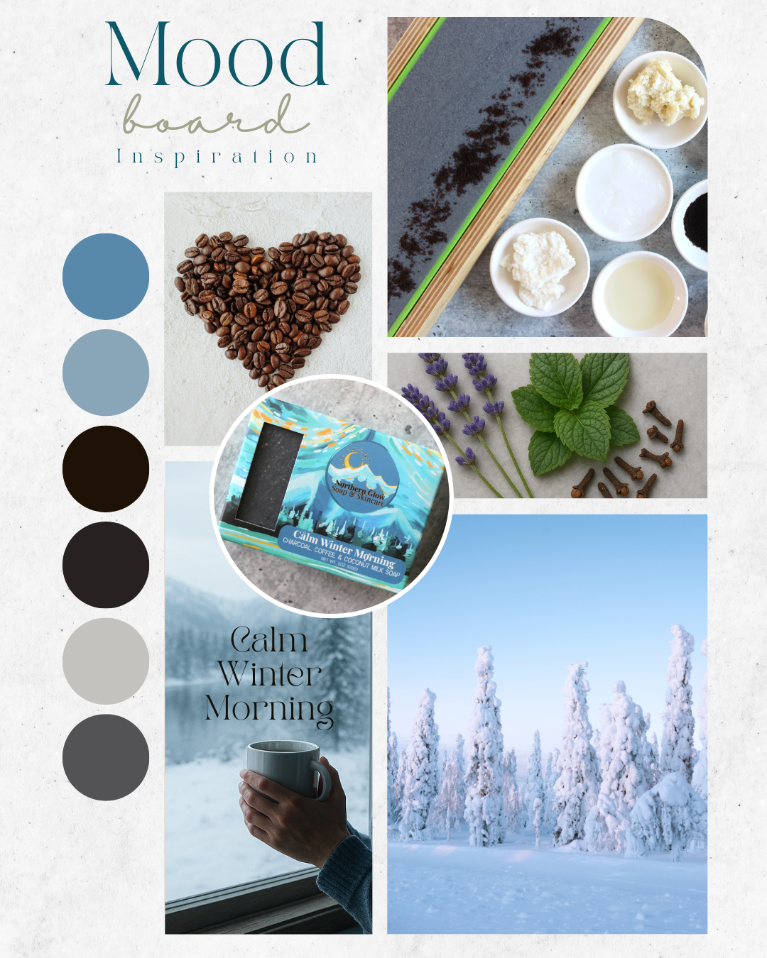 Mood board for the soap Calm Winter Morning with coffee beans, lavender, and a wintry landscape.