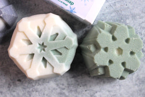 Coconut Oil and Sea Salt Snowflake Soaps in Winter Wonderland green.