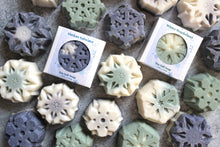Load image into Gallery viewer, Coconut Oil and Sea Salt Snowflake Soaps in and out of white boxes.
