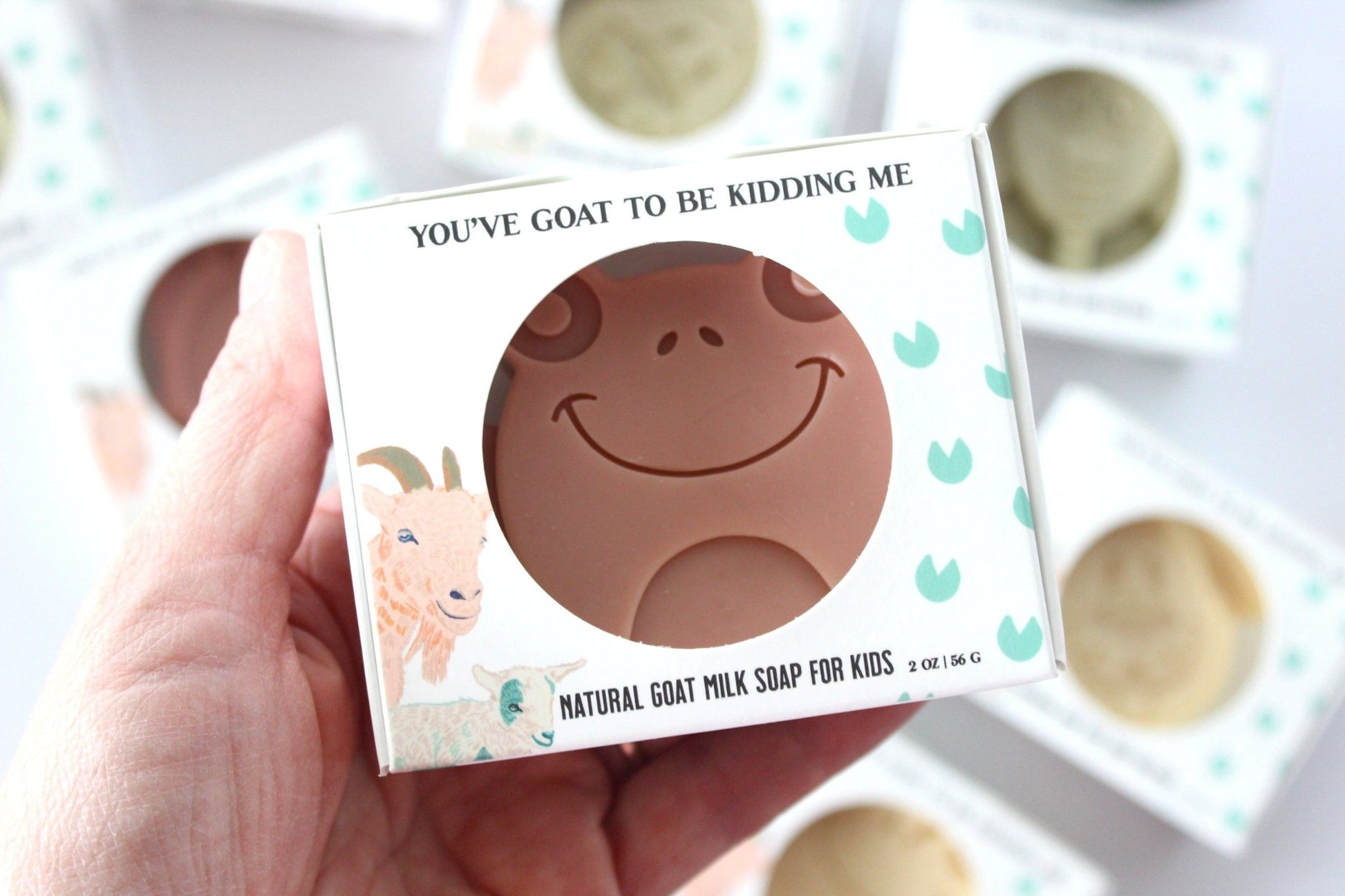 Goat milk soap for kids in a white box.