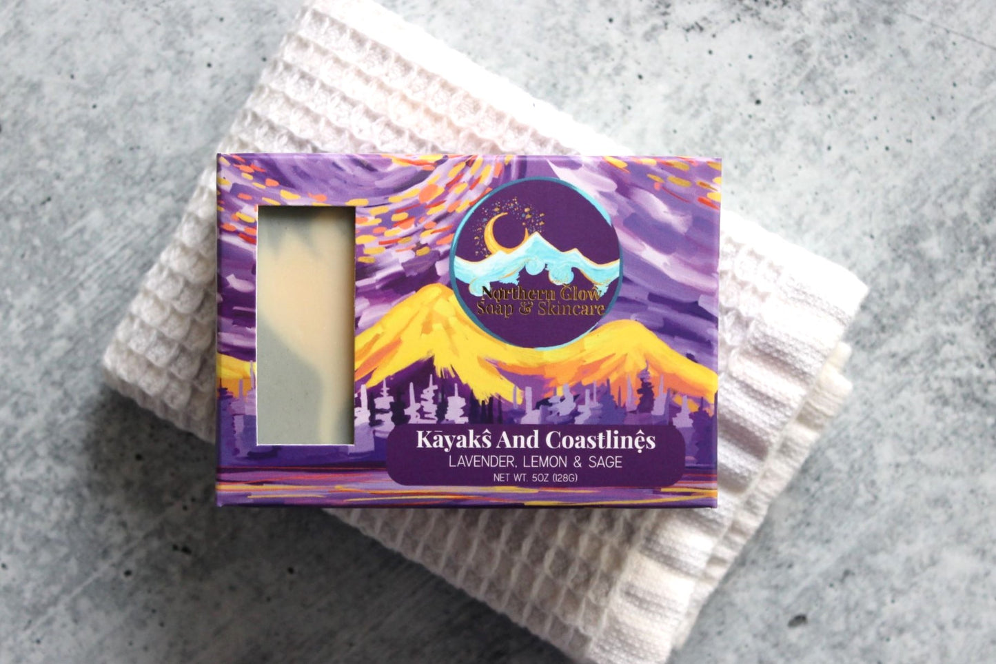 Lavender and sage goat milk soap in a purple box.