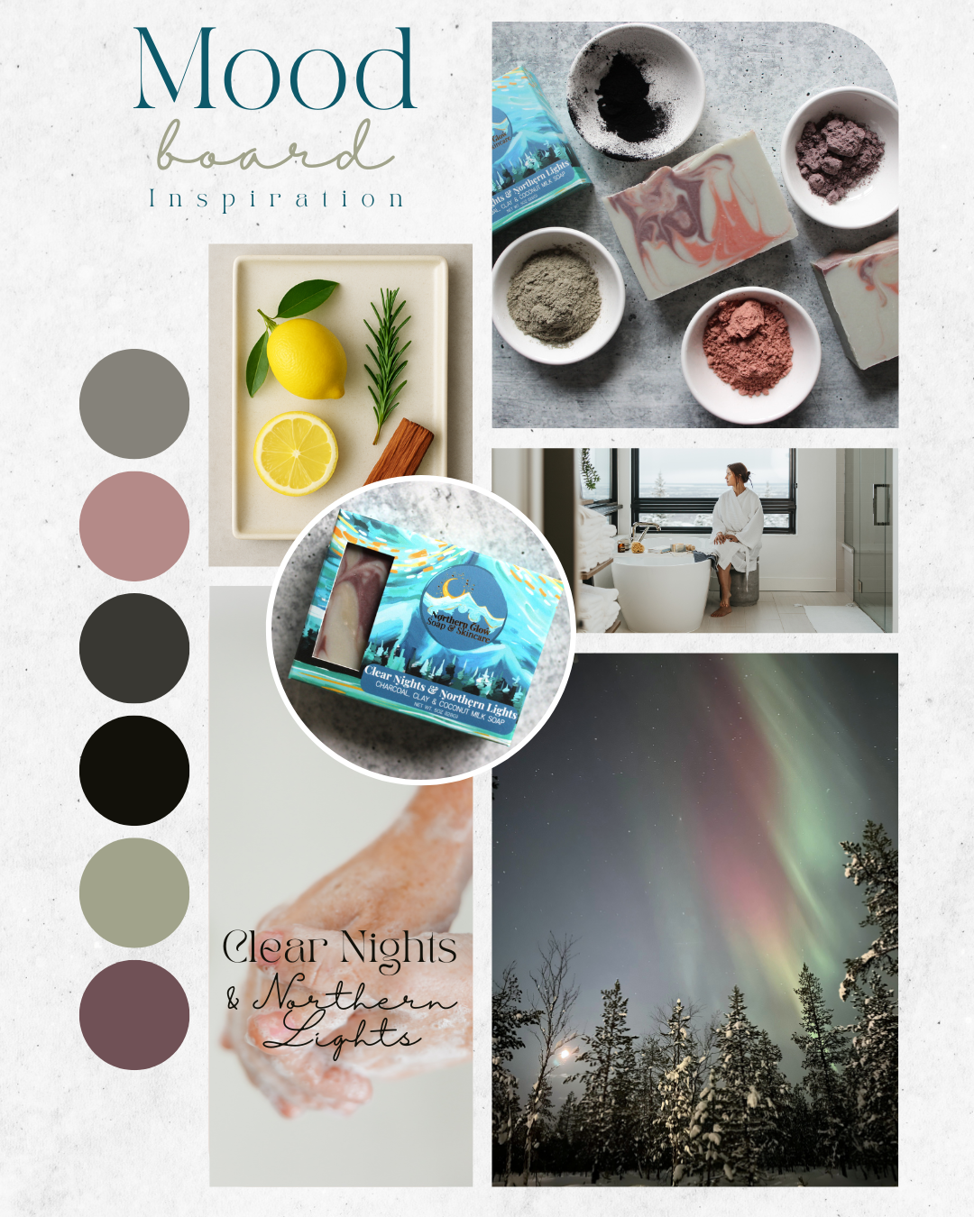 Mood board with nature-themed elements, including lemons, herbs, and a the northern lights over trees.