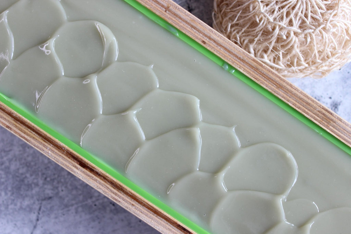 Alaska sea kelp soap in a wood loaf mold, next to a natural loofah.