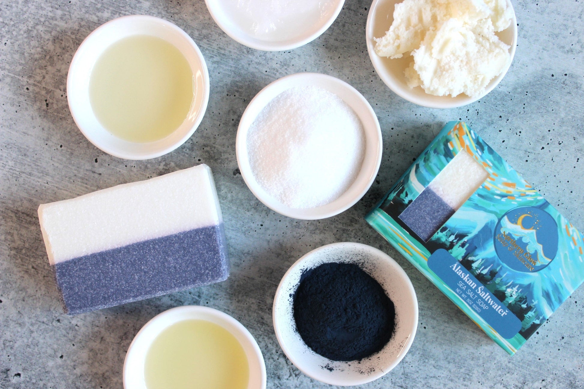 Northern Glow Soap Cleansing Sea Salt & Alaska Glacial Water Bar Soap with natural ingredients in white bowls