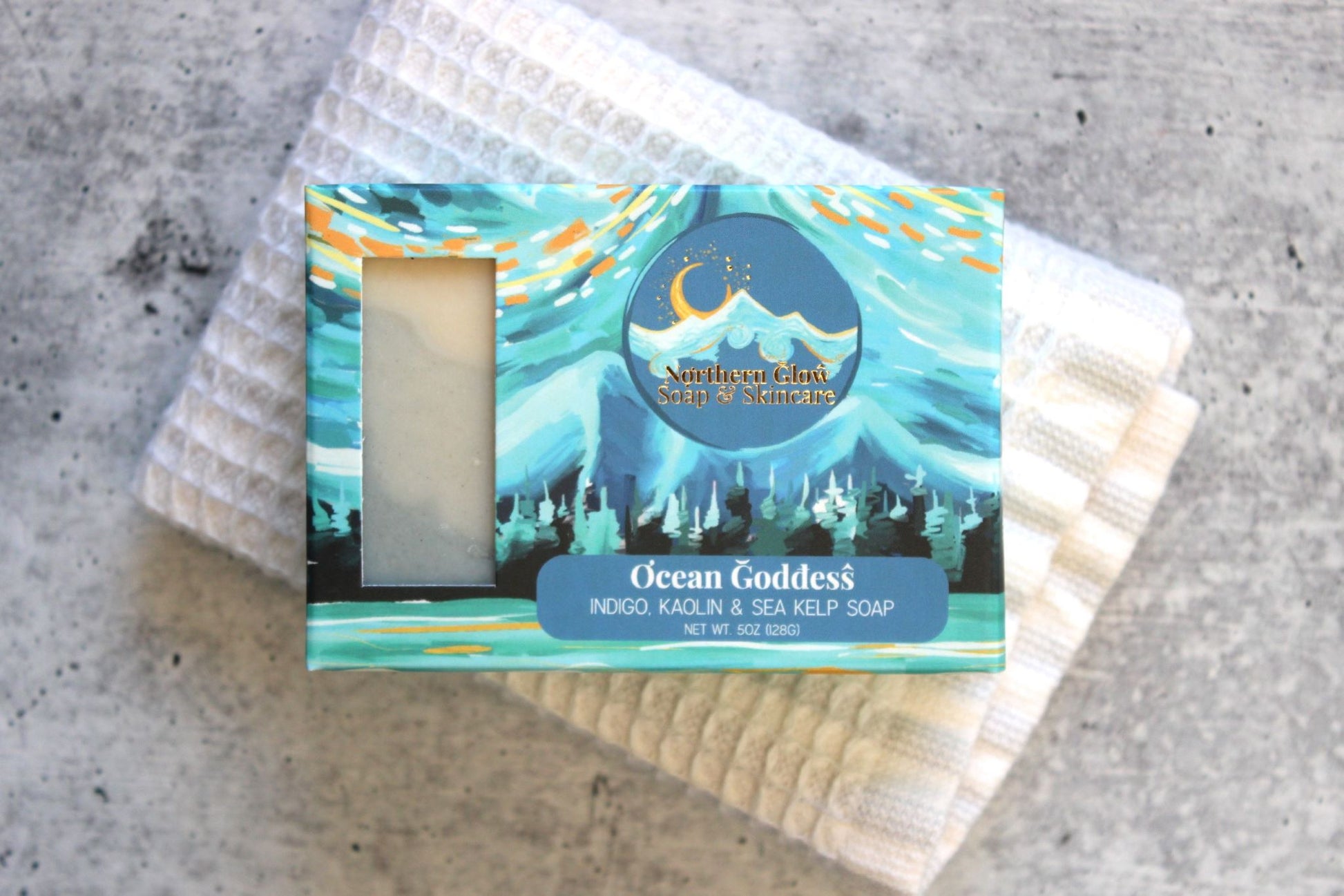 Sea kelp soap in a blue box.