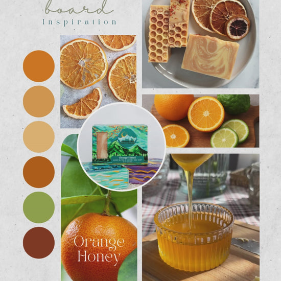 Skin-loving orange and Alaska honey soap mood board inspiration. Inspiration pictures include dried orange slices, oranges, and honey.
