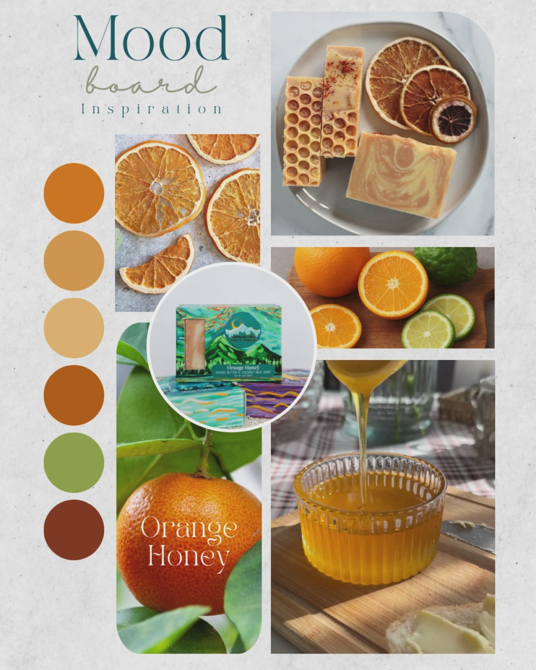 Skin-loving orange and Alaska honey soap mood board inspiration. Inspiration pictures include dried orange slices, oranges, and honey.