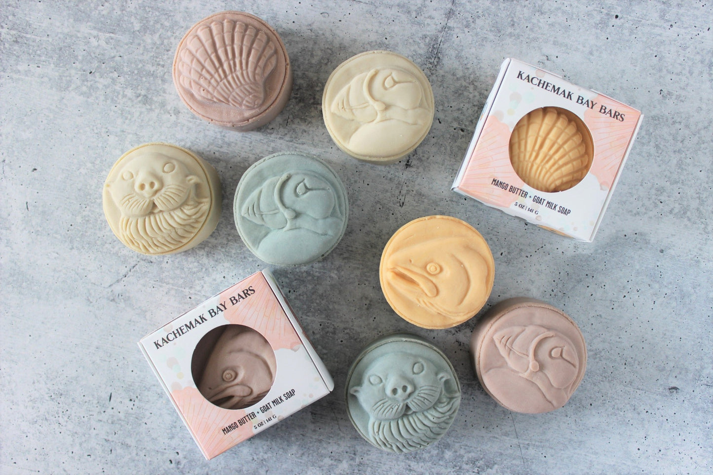 Alaskan Seaside Soaps, with puffins, scallops, salmon and sea otters in various colors.