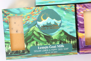 Lemon Goat Milk Soap in a green box.  