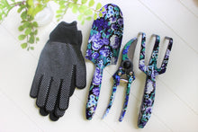 Load image into Gallery viewer, Purple floral handheld gardening tools with black gardening gloves.
